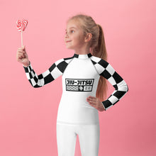 Checkered Charm: Kids Girls' Long Sleeve Rash Guard - Blanc Jiu-Jitsu Checkered Exclusive Girls Kids Long Sleeve Rash Guard