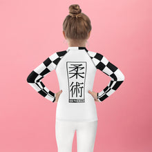 Checkered Charm: Kids Girls' Long Sleeve Rash Guard - Blanc Jiu-Jitsu Checkered Exclusive Girls Kids Long Sleeve Rash Guard