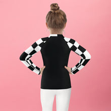 Chic and Secure: Kids Girls' Checkered Long Sleeve Rash Guard - Noir Checkered Exclusive Girls Kids Long Sleeve Rash Guard Swimwear