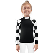 Chic and Secure: Kids Girls' Checkered Long Sleeve Rash Guard - Noir Checkered Exclusive Girls Kids Long Sleeve Rash Guard Swimwear