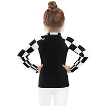 Chic and Secure: Kids Girls' Checkered Long Sleeve Rash Guard - Noir Checkered Exclusive Girls Kids Long Sleeve Rash Guard Swimwear