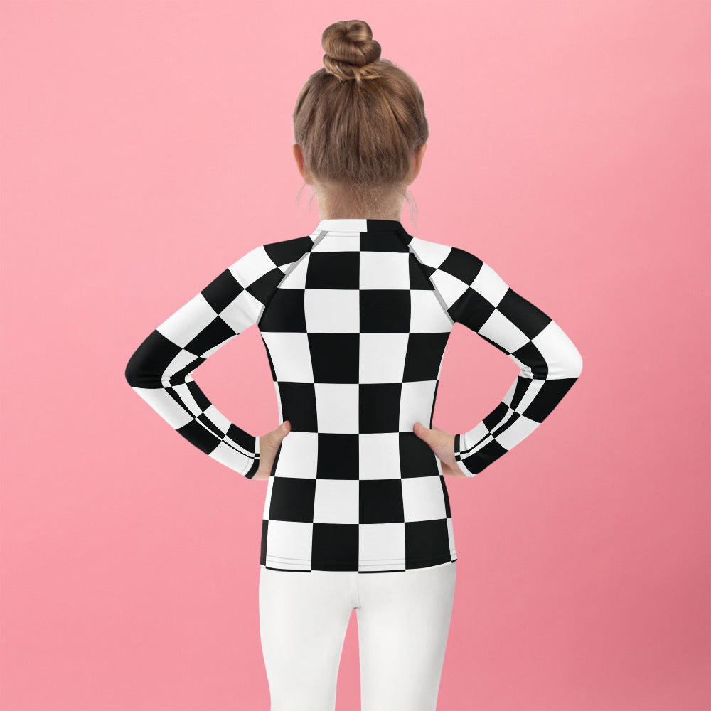 Fashionable Protection Girls' Checkered Long Sleeve Rash Guard
