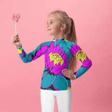Girl's Pop Art BJJ Long Sleeve Rash Guards - Roy Lichtenstein Inspired Dahlia Print 001 BJJ Boxing Dahlia Exclusive Fitness Flower Girls Grappling Jiu-Jitsu Kids Long Sleeve Pop Art Rash Guard Running Striking Swimwear Unisex Yoga