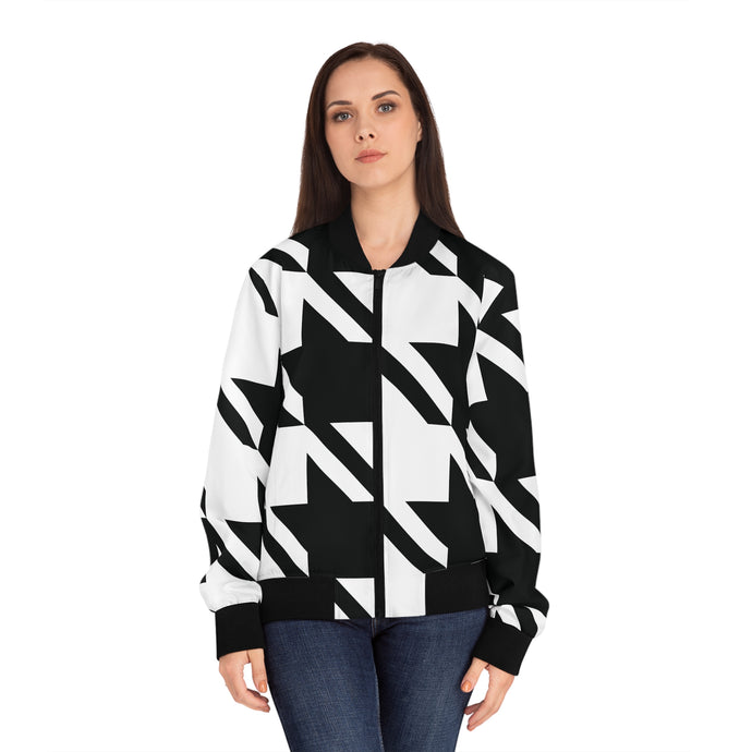 Houndstooth Glam: Women's Urban Bomber Jacket AOP AOP Clothing Athleisure Exclusive Halloween Houndstooth Jackets Long Sleeves Sublimation Women's Clothing
