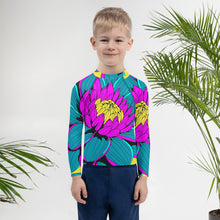Boy's Pop Art BJJ Long Sleeve Rash Guards - Roy Lichtenstein Inspired Dahlia Print 001 BJJ Boxing Boys Dahlia Exclusive Fitness Flower Grappling Jiu-Jitsu Kids Long Sleeve Pop Art Rash Guards Running Striking Unisex Yoga