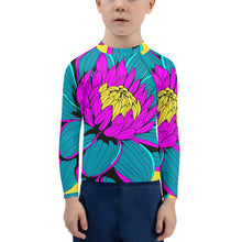 Boy's Pop Art BJJ Long Sleeve Rash Guards - Roy Lichtenstein Inspired Dahlia Print 001 BJJ Boxing Boys Dahlia Exclusive Fitness Flower Grappling Jiu-Jitsu Kids Long Sleeve Pop Art Rash Guards Running Striking Unisex Yoga