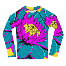 Boy's Pop Art BJJ Long Sleeve Rash Guards - Roy Lichtenstein Inspired Dahlia Print 001 BJJ Boxing Boys Dahlia Exclusive Fitness Flower Grappling Jiu-Jitsu Kids Long Sleeve Pop Art Rash Guards Running Striking Unisex Yoga