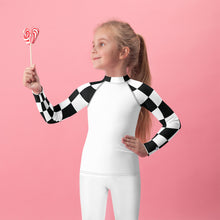 Stylish Safety: Checkered Long Sleeve Rash Guard for Girls - Blanc Checkered Exclusive Girls Kids Long Sleeve Rash Guard Swimwear