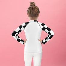 Stylish Safety: Checkered Long Sleeve Rash Guard for Girls - Blanc Checkered Exclusive Girls Kids Long Sleeve Rash Guard Swimwear