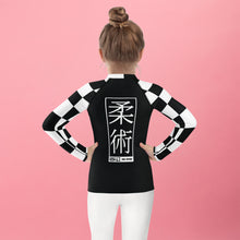 Trendy Tots: Girls' Checkered Long Sleeve Rash Guard - Noir Jiu-Jitsu Checkered Exclusive Girls Kids Long Sleeve Rash Guard