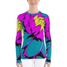 Women's Pop Art BJJ Long Sleeve Rash Guards - Roy Lichtenstein Inspired Dahlia Print 001 BJJ Boxing Dahlia Exclusive Fitness Flower Grappling Jiu-Jitsu Long Sleeve Muay Thai Pop Art Rash Guard Rash Guards Running Striking Swimwear Womens Yoga