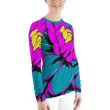 Women's Pop Art BJJ Long Sleeve Rash Guards - Roy Lichtenstein Inspired Dahlia Print 001 BJJ Boxing Dahlia Exclusive Fitness Flower Grappling Jiu-Jitsu Long Sleeve Muay Thai Pop Art Rash Guard Running Striking Swimwear Womens Yoga