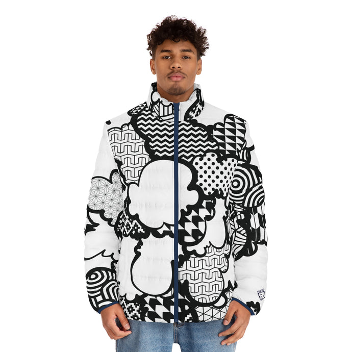 Men's Black and White Graffiti Clouds Puffer Jacket 001 All Over Print AOP Clothing Athleisure Bubble Goose Clouds Down Jacket Drip Exclusive Graffiti Jacket Jackets Long Sleeves Men's Clothing Mens Outdoor Outerwear Puffer Puffer Jacket Streetwear Sublimation With zipper