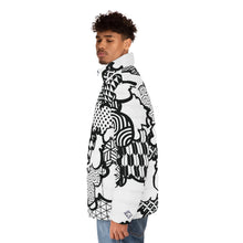Men's Black and White Graffiti Clouds Puffer Jacket 001 All Over Print AOP Clothing Athleisure Bubble Goose Clouds Down Jacket Drip Exclusive Graffiti Jacket Jackets Long Sleeves Men's Clothing Mens Outdoor Outerwear Puffer Puffer Jacket Streetwear Sublimation With zipper