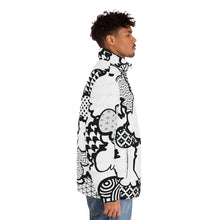 Men's Black and White Graffiti Clouds Puffer Jacket 001 All Over Print AOP Clothing Athleisure Bubble Goose Clouds Down Jacket Drip Exclusive Graffiti Jacket Jackets Long Sleeves Men's Clothing Mens Outdoor Outerwear Puffer Puffer Jacket Streetwear Sublimation With zipper
