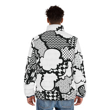 Men's Black and White Graffiti Clouds Puffer Jacket 001 All Over Print AOP Clothing Athleisure Bubble Goose Clouds Down Jacket Drip Exclusive Graffiti Jacket Jackets Long Sleeves Men's Clothing Mens Outdoor Outerwear Puffer Puffer Jacket Streetwear Sublimation With zipper
