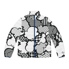 Men's Black and White Graffiti Clouds Puffer Jacket 001 All Over Print AOP Clothing Athleisure Bubble Goose Clouds Down Jacket Drip Exclusive Graffiti Jacket Jackets Long Sleeves Men's Clothing Mens Outdoor Outerwear Puffer Puffer Jacket Streetwear Sublimation With zipper