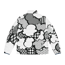 Men's Black and White Graffiti Clouds Puffer Jacket 001 All Over Print AOP Clothing Athleisure Bubble Goose Clouds Down Jacket Drip Exclusive Graffiti Jacket Jackets Long Sleeves Men's Clothing Mens Outdoor Outerwear Puffer Puffer Jacket Streetwear Sublimation With zipper