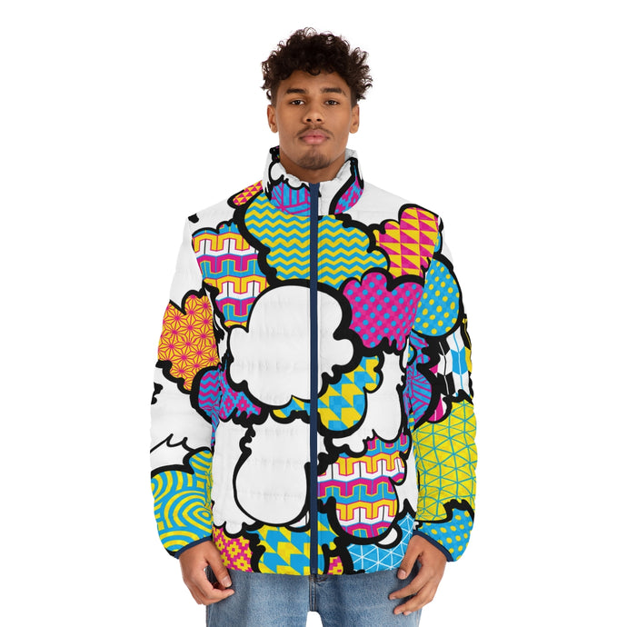 Men's CMYK Graffiti Clouds Puffer Jacket 001 All Over Print AOP Clothing Athleisure Bubble Goose Clouds CMYK Down Jacket Drip Exclusive Graffiti Jacket Jackets Long Sleeves Men's Clothing Mens Outdoor Outerwear Puffer Puffer Jacket Streetwear Sublimation With zipper