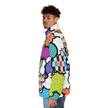 Men's CMYK Graffiti Clouds Puffer Jacket 001 All Over Print AOP Clothing Athleisure Bubble Goose Clouds CMYK Down Jacket Drip Exclusive Graffiti Jacket Jackets Long Sleeves Men's Clothing Mens Outdoor Outerwear Puffer Puffer Jacket Streetwear Sublimation With zipper
