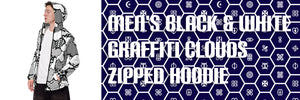Streetwear Essential: Men's Black and White Graffiti Clouds Zipped Windbreaker Hoodie