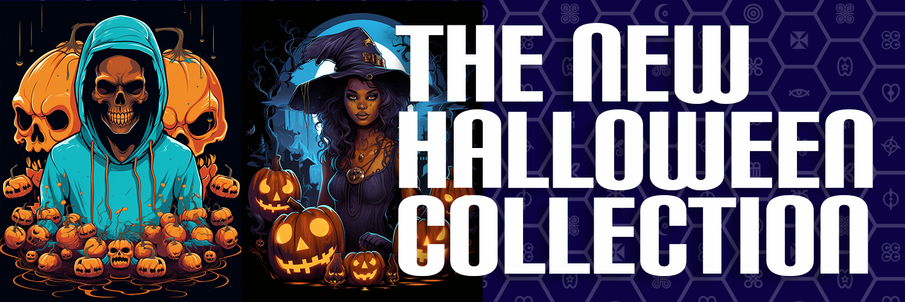 A skeleton wearing a hood surrounded by jack o lanterns next to a African American witch surrounded by jack o lanterns