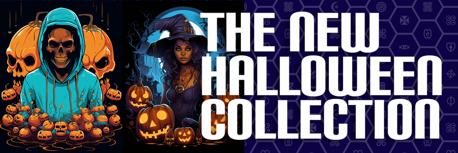 The New Halloween Collection 2023 A skeleton wearing a hood surrounded by jack o lanterns next to a African American witch surrounded by jack o lanterns