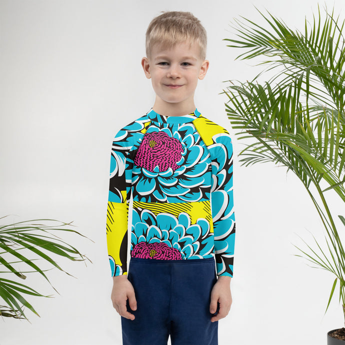 Boy's Pop Art BJJ Long Sleeve Rash Guards - Roy Lichtenstein Inspired Dahlia Print 002 Boys Dahlia Exclusive Kids Long Sleeve Rash Guard Swimwear
