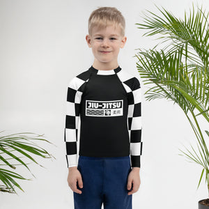 Checkered Charm: Boys' Long Sleeve Rash Guard for Kids - Noir Jiu-Jitsu Boys Checkered Exclusive Kids Long Sleeve Rash Guard