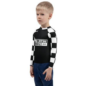 Checkered Charm: Boys' Long Sleeve Rash Guard for Kids - Noir Jiu-Jitsu Boys Checkered Exclusive Kids Long Sleeve Rash Guard