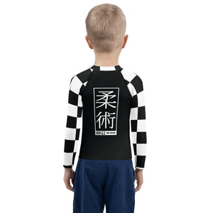 Checkered Charm: Boys' Long Sleeve Rash Guard for Kids - Noir Jiu-Jitsu Boys Checkered Exclusive Kids Long Sleeve Rash Guard
