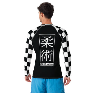 Checkered Charm: Men's Long Sleeve BJJ Rash Guard for Style and Safety - Noir Jiu-Jitsu Checkered Exclusive Jiu-Jitsu Long Sleeve Mens Rash Guard