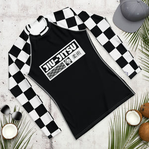 Checkered Charm: Men's Long Sleeve BJJ Rash Guard for Style and Safety - Noir Jiu-Jitsu Checkered Exclusive Jiu-Jitsu Long Sleeve Mens Rash Guard