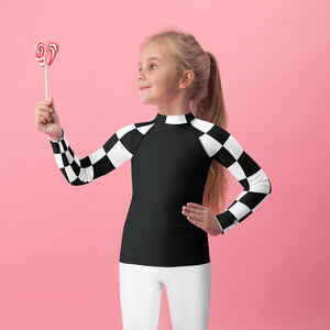 Chic and Secure: Kids Girls' Checkered Long Sleeve Rash Guard - Noir Checkered Exclusive Girls Kids Long Sleeve Rash Guard Swimwear