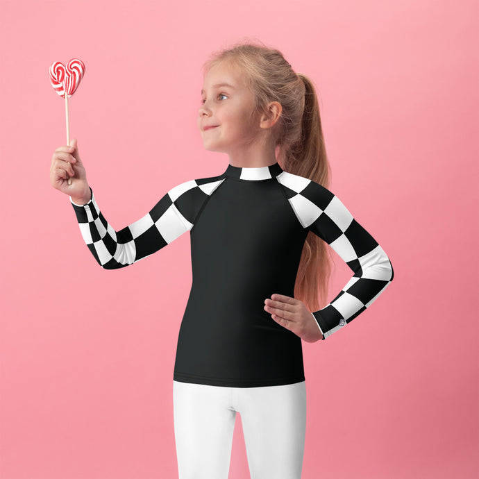Chic and Secure: Kids Girls' Checkered Long Sleeve Rash Guard - Noir