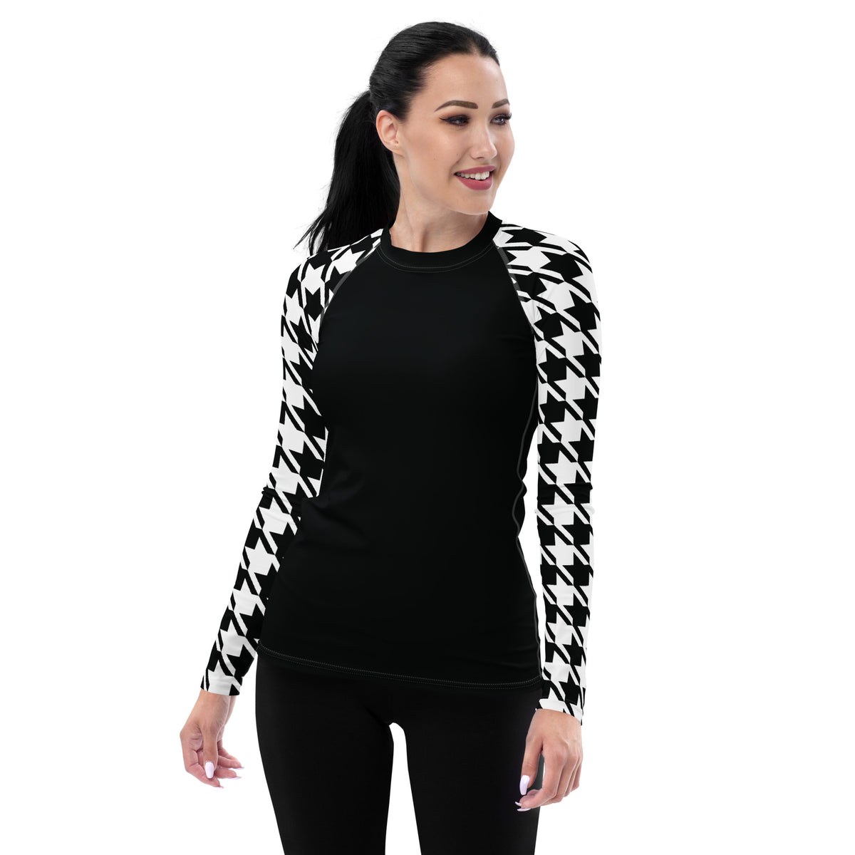 Chic Performance: Houndstooth Long Sleeve BJJ Rash Guard for Women Noi ...