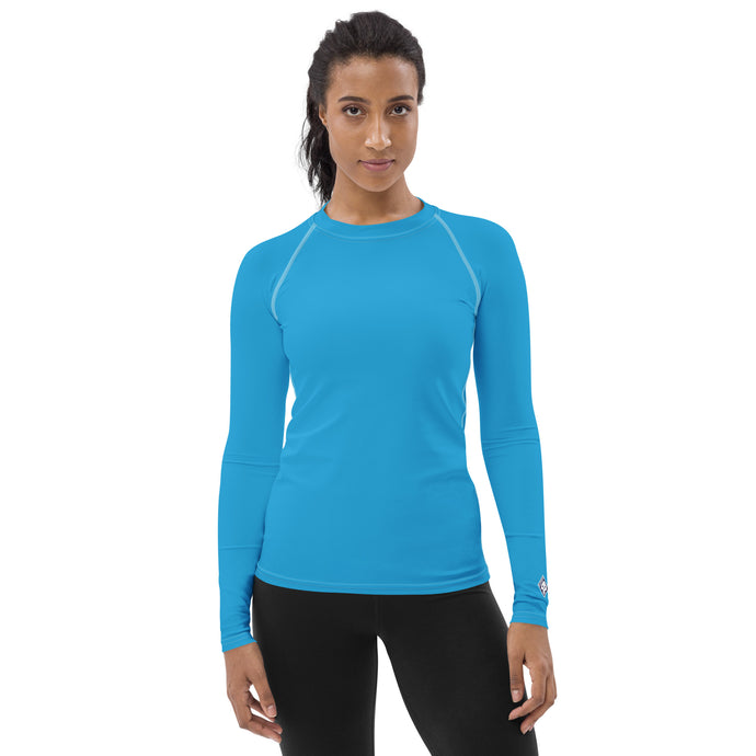 Chic Simplicity: Solid Color Long Sleeve Rash Guard for Women - Cyan Exclusive Long Sleeve Rash Guard Solid Color Swimwear Womens