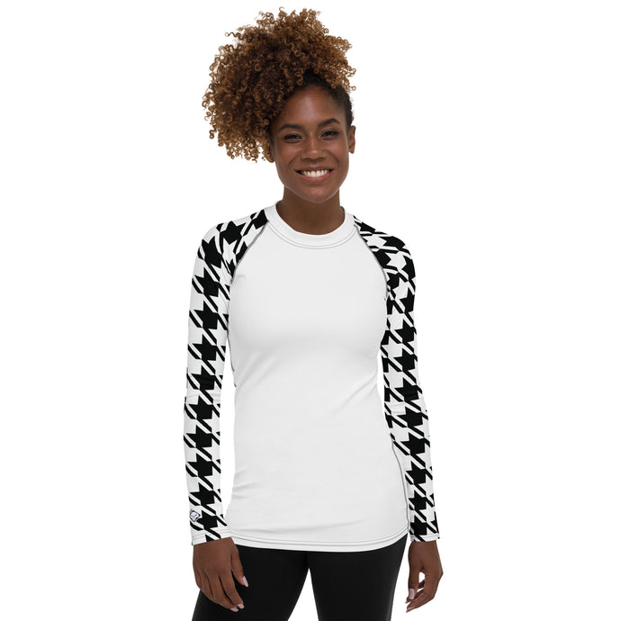 Classic Elegance: Women's Long Sleeve Houndstooth BJJ Rash Guard Blanc Exclusive Houndstooth Long Sleeve Rash Guard Womens