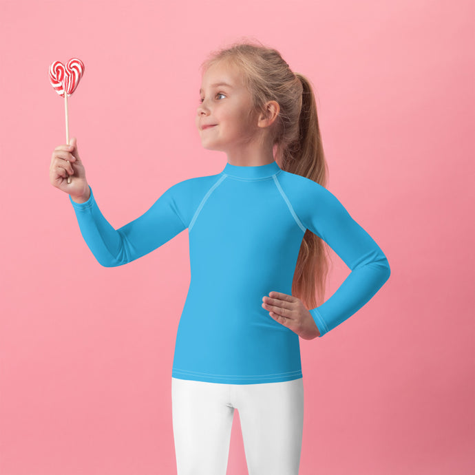 Cool Comfort: Kid's Girls Long Sleeve Rash Guards in Solid Color - Cyan Exclusive Girls Kids Long Sleeve Solid Color Swimwear