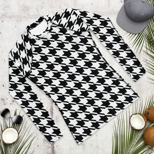 Dapper Defense: Men's Houndstooth BJJ Rashie Exclusive Houndstooth Long Sleeve Mens Rash Guard Swimwear