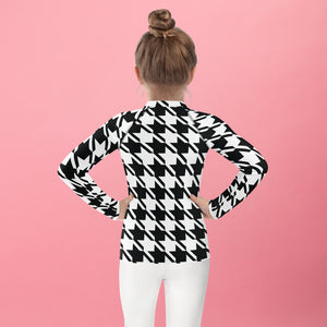 Elevate Your Workout: Girl's Houndstooth Long Sleeve Rash Guard Exclusive Girls Houndstooth Kids Long Sleeve Rash Guard Swimwear