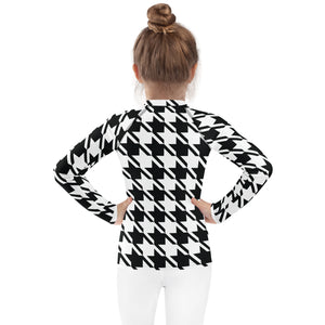 Elevate Your Workout: Girl's Houndstooth Long Sleeve Rash Guard Exclusive Girls Houndstooth Kids Long Sleeve Rash Guard Swimwear