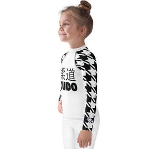 Elevated Style: Girl's Houndstooth Long Sleeve Classic Judo BJJ Rash Guard Exclusive Girls Houndstooth Judo Kids Long Sleeve Rash Guard