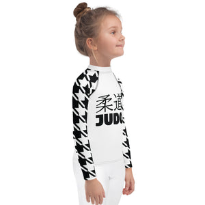 Elevated Style: Girl's Houndstooth Long Sleeve Classic Judo BJJ Rash Guard Exclusive Girls Houndstooth Judo Kids Long Sleeve Rash Guard