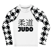 Elevated Style: Girl's Houndstooth Long Sleeve Classic Judo BJJ Rash Guard Exclusive Girls Houndstooth Judo Kids Long Sleeve Rash Guard