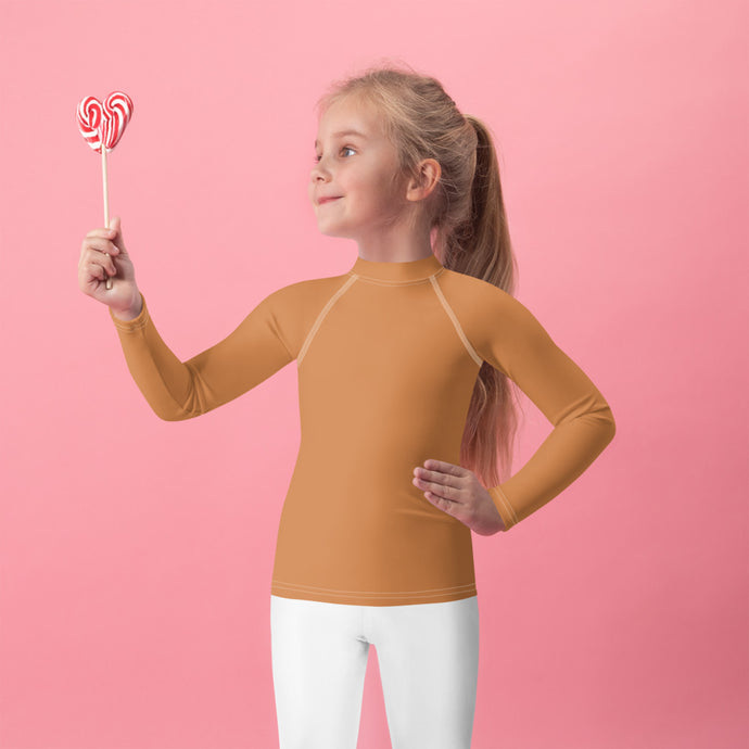 Everyday Elegance: Long Sleeve Rash Guards for Little Girls - Raw Sienna Exclusive Girls Kids Long Sleeve Rash Guard Solid Color Swimwear