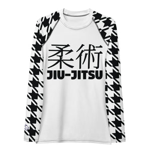 Fashion Meets Function: Women's Classic Jiu-Jitsu Houndstooth BJJ Rash Guard Blanc Exclusive Houndstooth Jiu-Jitsu Long Sleeve Rash Guard Womens