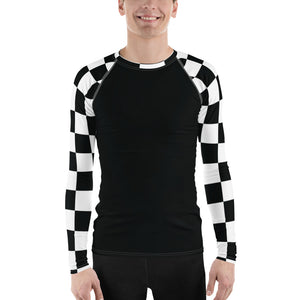 Fashionable Combat Gear: Checkered Men's Long Sleeve BJJ Rash Guard - Noir Checkered Exclusive Long Sleeve Mens Rash Guard Swimwear