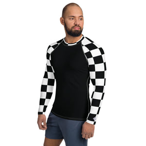 Fashionable Combat Gear: Checkered Men's Long Sleeve BJJ Rash Guard - Noir Checkered Exclusive Long Sleeve Mens Rash Guard Swimwear