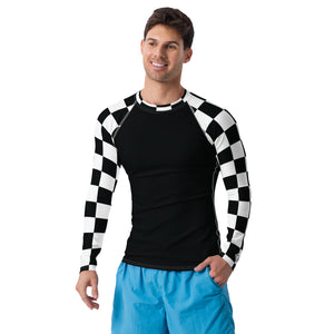 Fashionable Combat Gear: Checkered Men's Long Sleeve BJJ Rash Guard - Noir Checkered Exclusive Long Sleeve Mens Rash Guard Swimwear